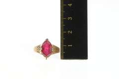 10K Yellow Gold Art Deco Etched Vine Syn, Marquise Ruby Ring