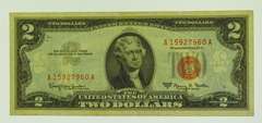 1963-A $2 Two Dollar Red Seal Jefferson Bank Note US Bill