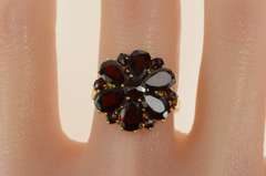 14K Yellow Gold Retro Ornate Pear Garnet Halo Cluster Ring
