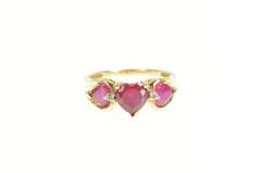 14K Yellow Gold Three Stone Syn. Ruby Heart Diamond Ring