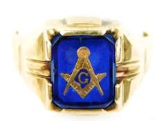 Deco 10K Gold Masonic Ring, Size 12.5
