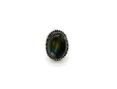 Cabochon Blue-Gray Sheen Labradorite Stone in Tibetan Silver Beaded Design Ring