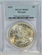 Nearly Gem BU 1921 Morgan Silver Dollar. PCGS MS64