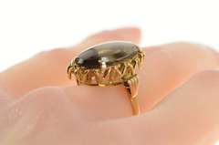 14K Yellow Gold Retro Oval Smoky Quartz Ornate Cocktail Ring