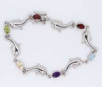 Vintage Sterling Silver Multi Gemstone Dolphin Link Bracelet