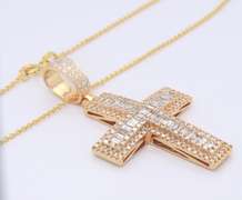 Masterpiece Yellow Gold 5ctw Mixed Baguette Cut and Round Diamond Cross Pendant on Chain