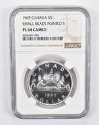 PL64 CAM 1965 Canada Silver Dollar Small Beads Pointed 5 NGC