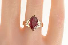 10K Yellow Gold Art Deco Etched Vine Syn, Marquise Ruby Ring