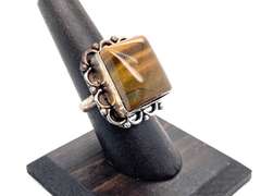 Square Cut Tiger's Eye Statement Ring with Ornate Floral Energy Design in Tibetan Silver
