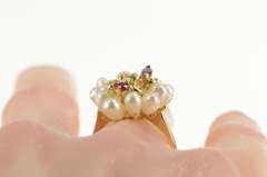14K Yellow Gold Ruby Pearl Halo Cluster Statement Cocktail Ring