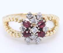 Handsome Yellow Gold Marquise Ruby and Diamond Cluster Split Shank Ring