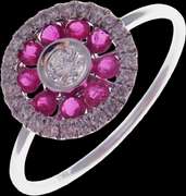 Circular Diamond Center 18k White Gold Ring Flooded with Rubies