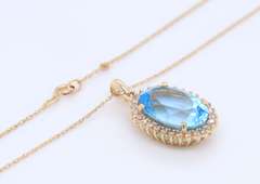 Favorite Yellow Gold Blue Topaz and Diamond Pendant on Chain