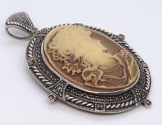Vintage Sterling Silver Cameo Marcasite Pendant