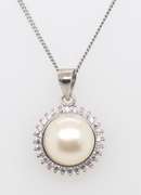 Sterling Silver Pearl and Cubic Zirconia Pendant on Chain