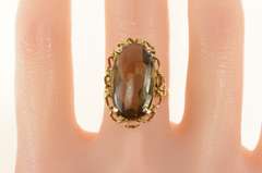 14K Yellow Gold Retro Oval Smoky Quartz Ornate Cocktail Ring