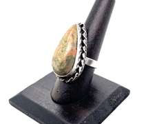 Unakite Jasper Tear-Drop Shaped Statement in Rope Designed Tibetan Silver Ring