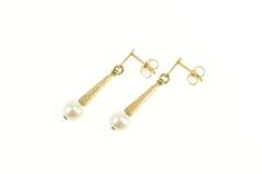 14K Yellow Gold Pearl Diamond Cut Ornate Dangle Statement Earrings