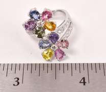 Stunning Floral Multi-Color Sapphire and Diamond Ring in 18K White Gold