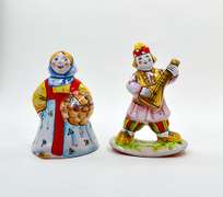 Vintage Hungry Pottery Figurines, Man Playing the Balalaika and Bell in the Shape of a Woman