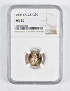 MS70 1998 $5 American Gold Eagle 1/10 Oz. .999 Fine Gold NGC