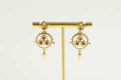 14K Yellow Gold Ornate Garnet Filigree Dangle Drop Statement Earrings