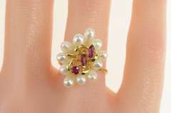 14K Yellow Gold Ruby Pearl Halo Cluster Statement Cocktail Ring