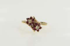 10K Yellow Gold Diamond Ruby Flower Halo Cluster Bypass Ring