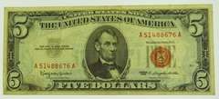 1963 $5 Five Dollars Red Seal Lincoln Bank Note US Bill