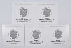 (5) 2021 D, O, S, CC, P Morgan Silver Dollar Anniv COA Signed No Coin