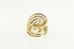 14K Yellow Gold 6.8mm Retro Pearl Wavy Curvy Bypass Cocktail Ring