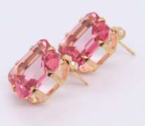 Dreamy Yellow Gold Pink Topaz Emerald Cut Stud Earrings