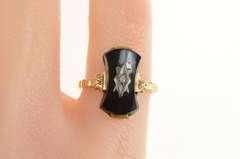 10K Yellow Gold Art Deco Curved Black Onyx Diamond Statement Ring