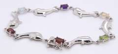 Vintage Sterling Silver Multi Gemstone Dolphin Link Bracelet
