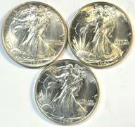 Gem BU 1941, 1942, & 1943 Walking Liberty Half Dollars
