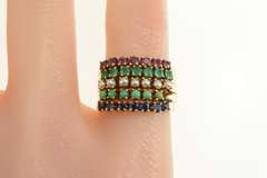 14K Yellow Gold 1960's Layered Emerald Ruby Sapphire Band Ring