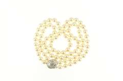 14K White Gold 1940's Two Strand Pearl Diamond Clasp Necklace