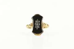 10K Yellow Gold Art Deco Curved Black Onyx Diamond Statement Ring
