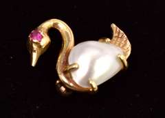 Fabulous Pearl and Ruby Swan Pin in 14K Yellow Gold