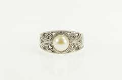 10K White Gold Pearl Filigree Diamond Scroll Engagement Ring