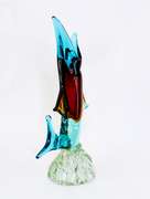 Vintage Mid Century Murano Heavy Blown Glass Fish Vase in Tones of Aqua Blue and Redish Brown, With Clear Base