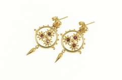 14K Yellow Gold Ornate Garnet Filigree Dangle Drop Statement Earrings