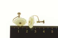 14K Yellow Gold Carved Jade Daisy Flower Retro Screw Back Earrings