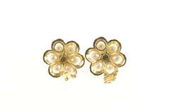 14K Yellow Gold Retro Pearl Emerald Flower Ornate Clip Back Earrings