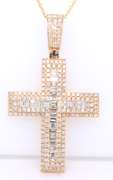 Masterpiece Yellow Gold 5ctw Mixed Baguette Cut and Round Diamond Cross Pendant on Chain