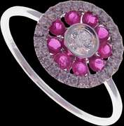 Circular Diamond Center 18k White Gold Ring Flooded with Rubies