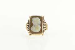 14K Yellow Gold Ornate Carved Coral Shell Cameo Statement Ring