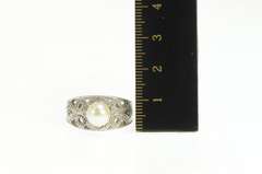 10K White Gold Pearl Filigree Diamond Scroll Engagement Ring