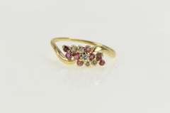 14K Yellow Gold Wavy Diamond Ruby Cluster Accent Statement Ring