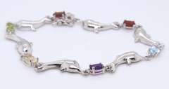 Vintage Sterling Silver Multi Gemstone Dolphin Link Bracelet